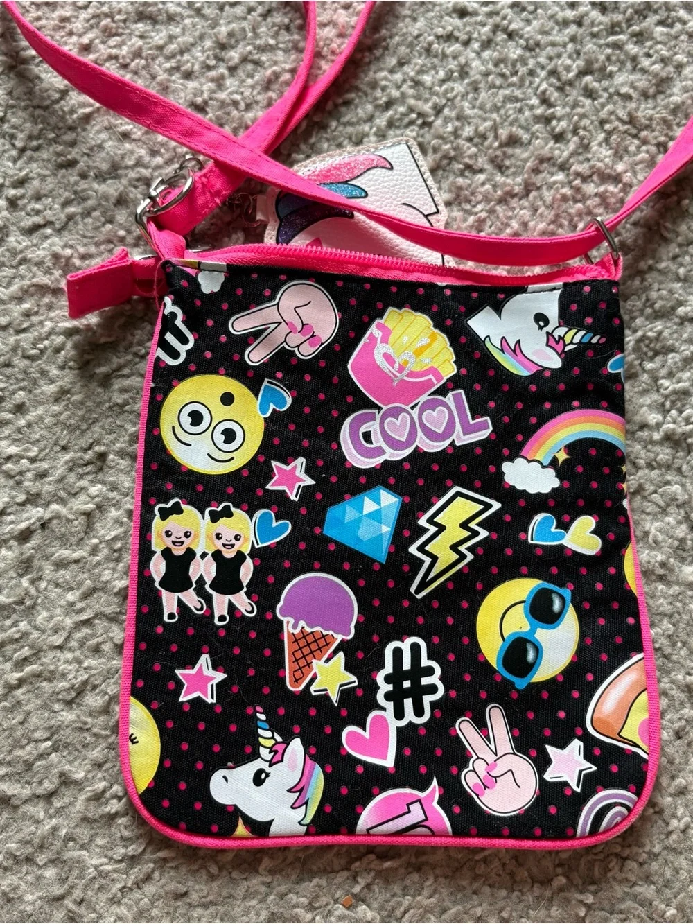 Justice Kids Pink Initial 'M' Crossbody Bag with Unicorn Charm Purse Pink Black